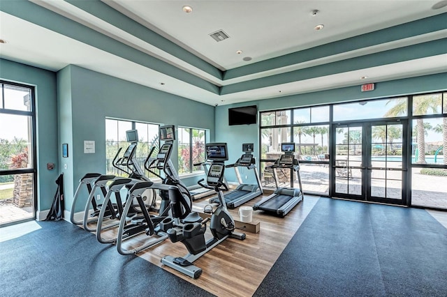 gym with a healthy amount of sunlight and french doors