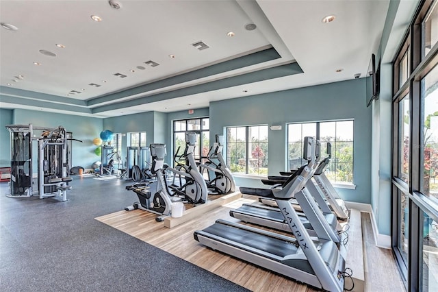 workout area with a raised ceiling