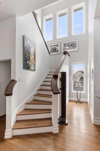 staircase featuring hardwood / wood-style floors and a towering ceiling