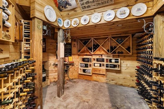 wine room featuring wooden walls and concrete flooring