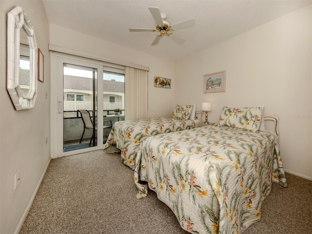 bedroom with ceiling fan, carpet, access to outside, and a textured ceiling