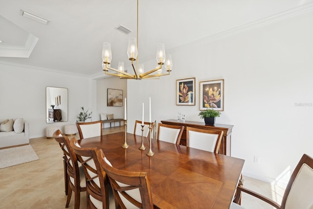 dining area with baseboards, ornamental molding, visible vents, and an inviting chandelier