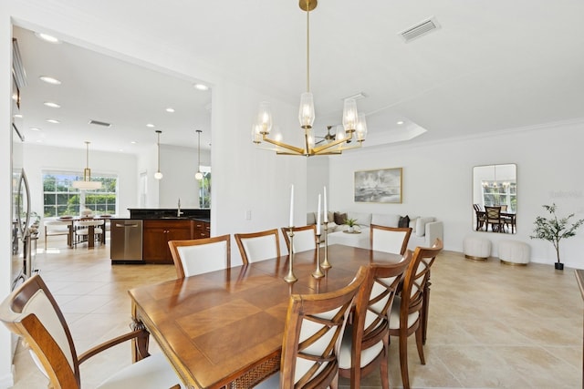 dining room featuring recessed lighting, a notable chandelier, light tile patterned flooring, and visible vents
