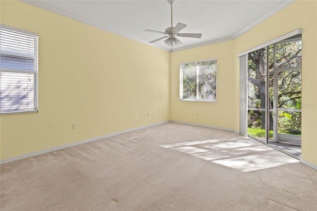 empty room with crown molding, ceiling fan, and light carpet