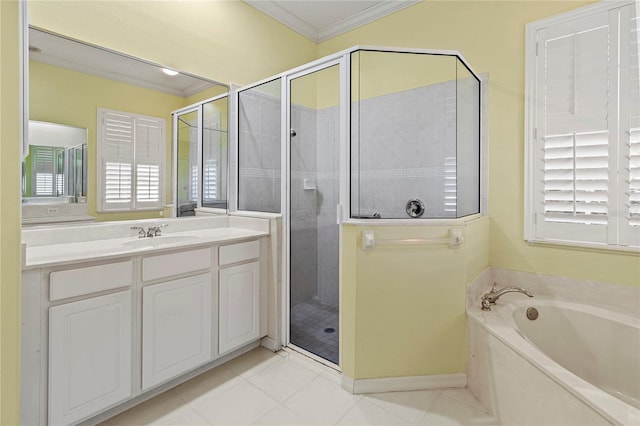 bathroom featuring crown molding, tile patterned floors, vanity, and separate shower and tub