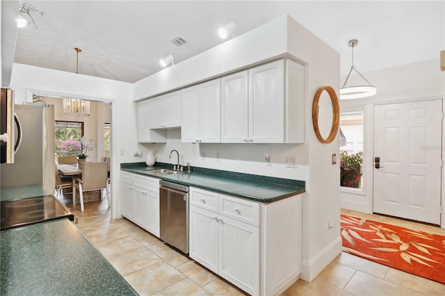 kitchen featuring pendant lighting, stainless steel dishwasher, sink, and white cabinets