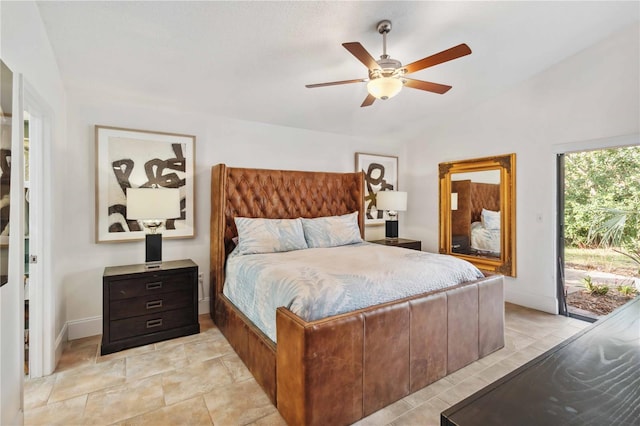 bedroom featuring access to exterior, vaulted ceiling, and ceiling fan