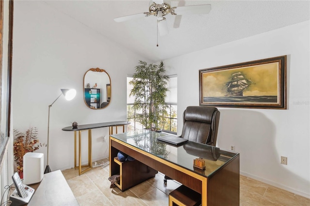 office area with vaulted ceiling and ceiling fan