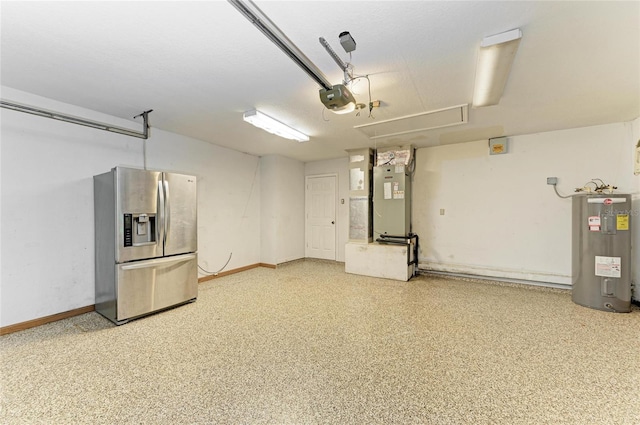 garage featuring heating unit, a garage door opener, stainless steel fridge, and electric water heater