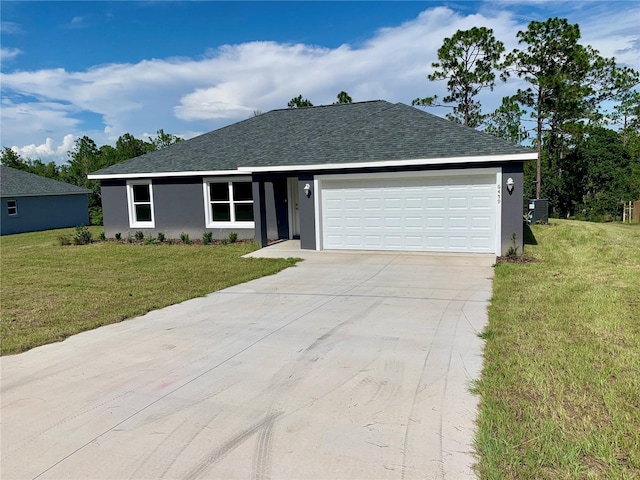 single story home featuring a garage, central AC unit, and a front lawn