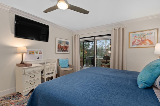 bedroom with ceiling fan, ornamental molding, and access to exterior