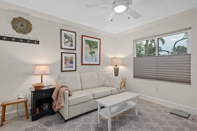 living room with crown molding and ceiling fan