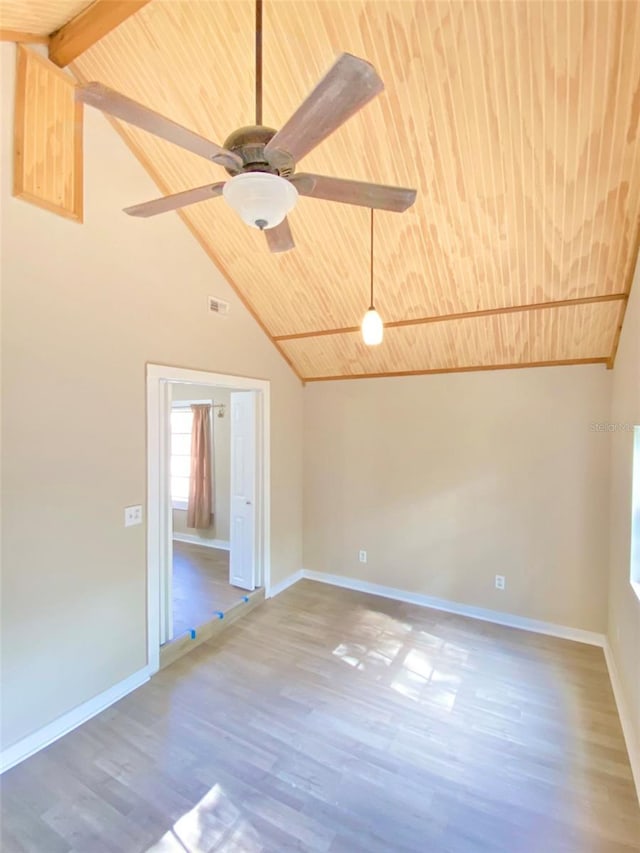 empty room with hardwood / wood-style floors, lofted ceiling with beams, ceiling fan, and wood ceiling