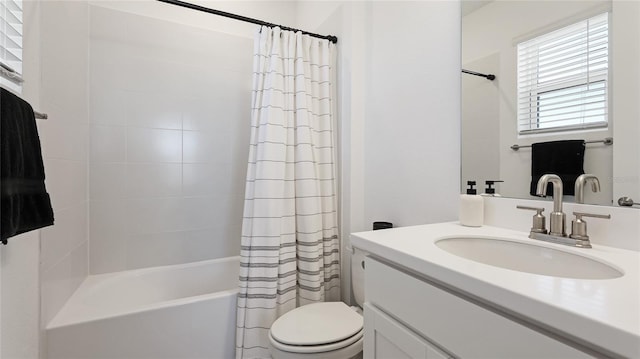 bathroom with toilet, shower / bath combination with curtain, and vanity