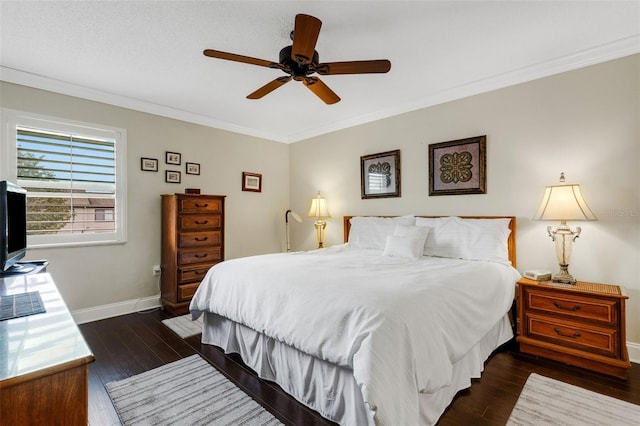 bedroom with ceiling fan, crown molding, dark wood-type flooring, and a textured ceiling