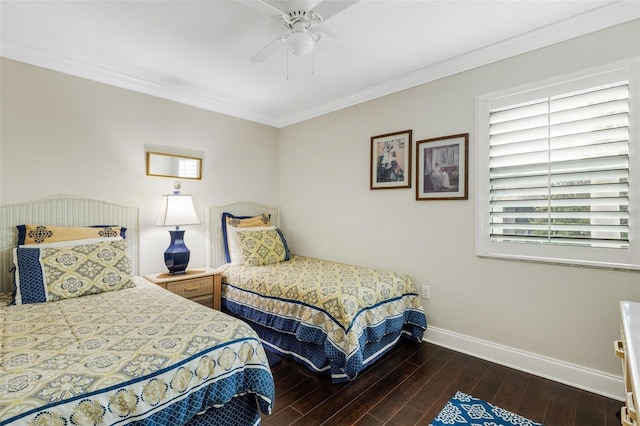 bedroom featuring ceiling fan, ornamental molding, dark hardwood / wood-style flooring, and multiple windows