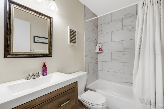 full bathroom featuring vanity, toilet, and shower / bathtub combination with curtain