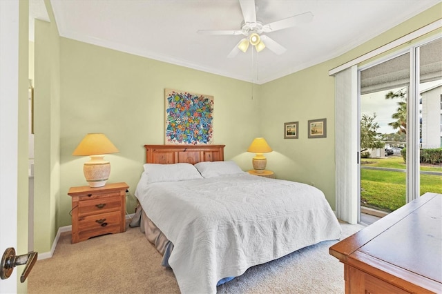 bedroom featuring light carpet, crown molding, access to outside, and ceiling fan