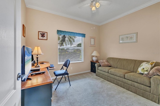 home office featuring ornamental molding, light colored carpet, and ceiling fan