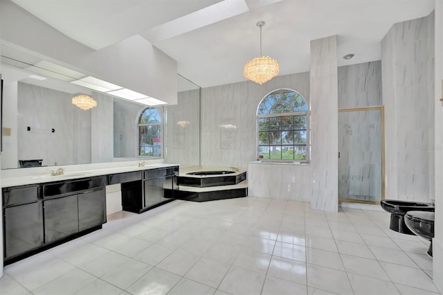 full bathroom with a bidet, vanity, a notable chandelier, tile patterned floors, and toilet