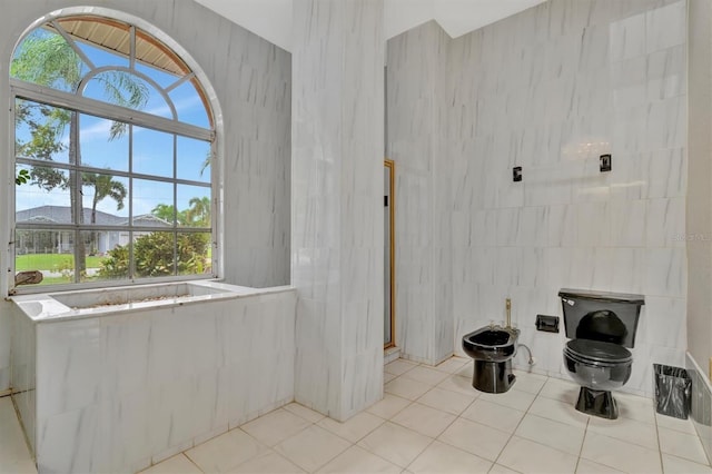 bathroom featuring tile patterned flooring, a bidet, plenty of natural light, and toilet