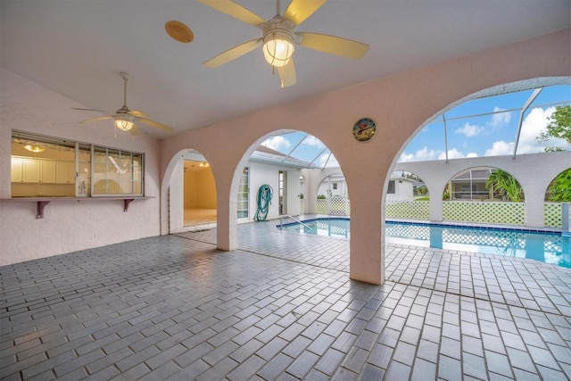 view of pool with ceiling fan