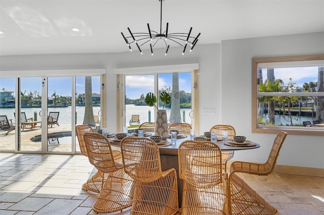 sunroom featuring a water view