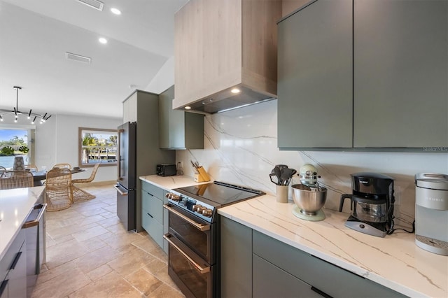 kitchen with pendant lighting, gray cabinets, high end appliances, decorative backsplash, and custom exhaust hood