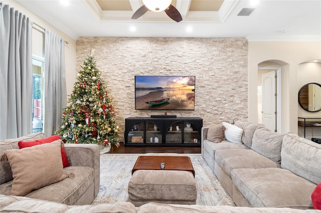 living room with ceiling fan, light hardwood / wood-style flooring, and ornamental molding