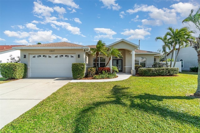 ranch-style house with a garage and a front lawn