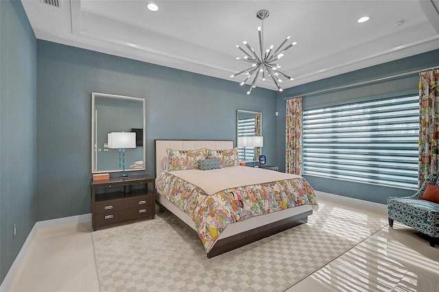 bedroom featuring recessed lighting, visible vents, baseboards, a tray ceiling, and an inviting chandelier