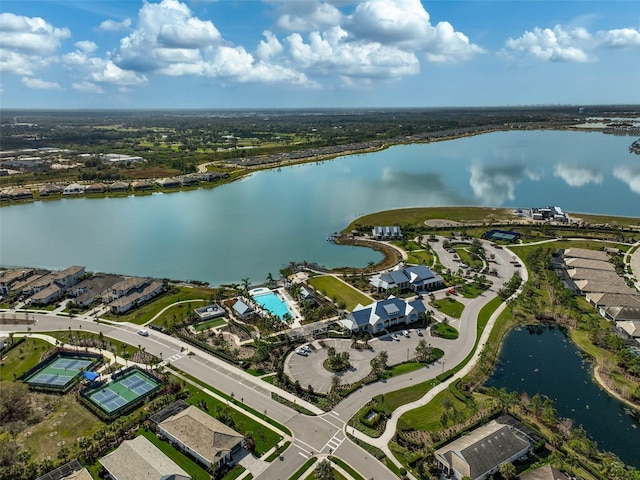 aerial view featuring a water view and a residential view