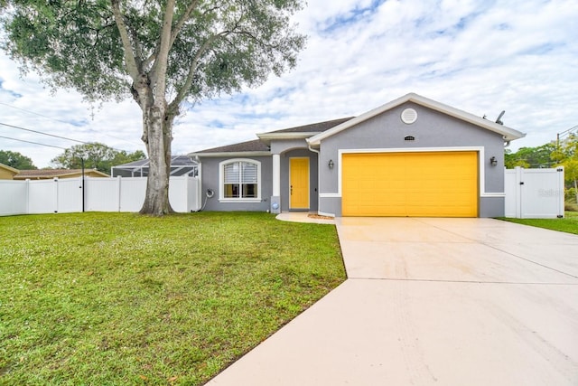 single story home featuring a garage and a front yard