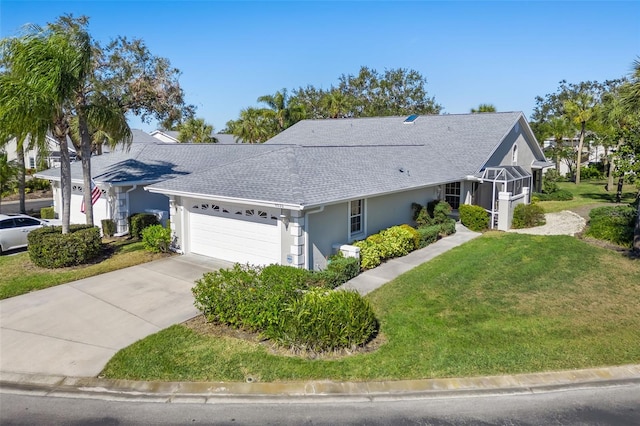 ranch-style house featuring a garage and a front yard