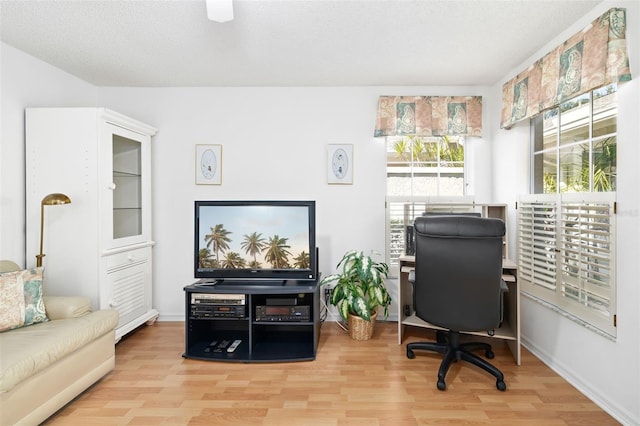 office area featuring light hardwood / wood-style floors and a textured ceiling