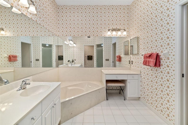 bathroom featuring tile patterned flooring, vanity, and independent shower and bath