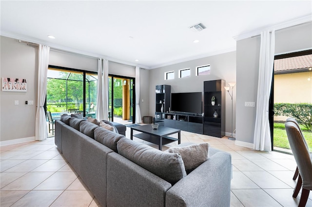 tiled living room with ornamental molding