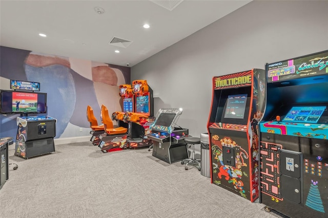 recreation room with light carpet