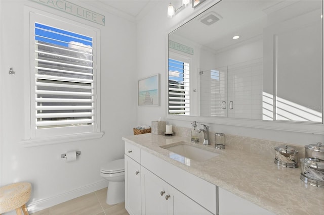 bathroom with ornamental molding, a wealth of natural light, tile patterned floors, and a shower with door