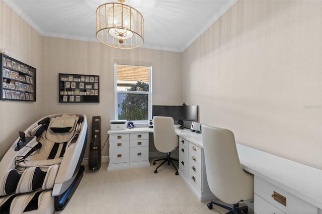 carpeted office with crown molding and an inviting chandelier