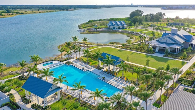 drone / aerial view featuring a water view