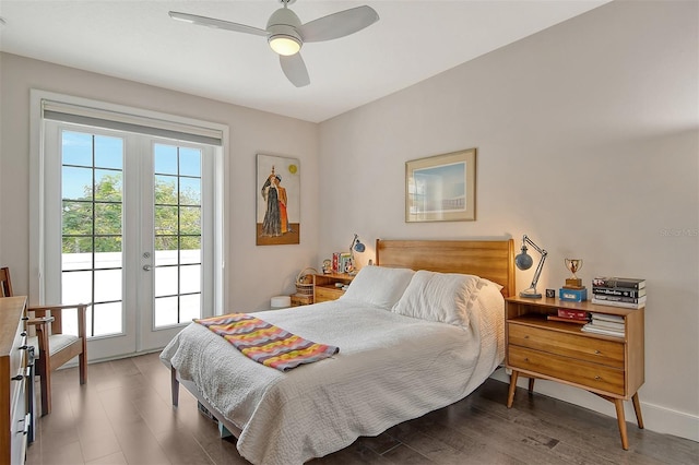 bedroom featuring dark hardwood / wood-style flooring, access to exterior, ceiling fan, and french doors