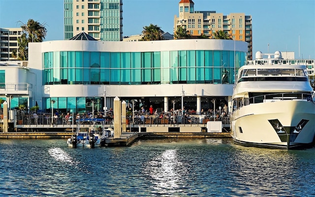 exterior space with a water view