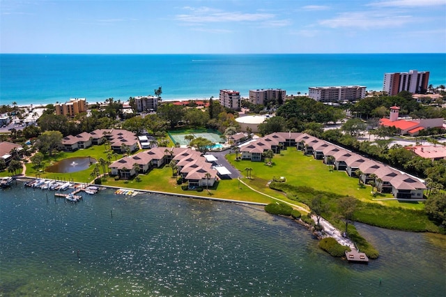 bird's eye view with a water view