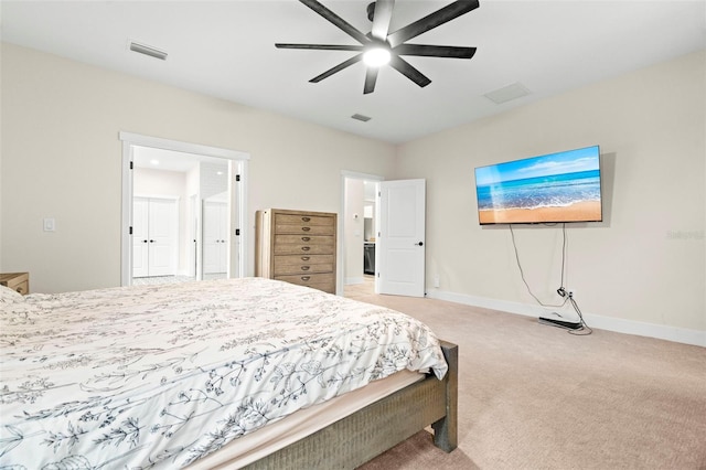 carpeted bedroom featuring ceiling fan