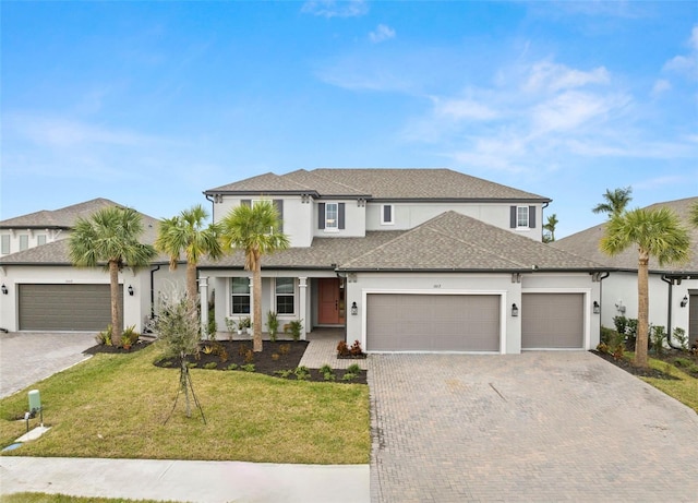 1012 Fernleaf Run, Bradenton, FL 34212 - view of front of house with an attached garage, stucco siding, decorative driveway, a front lawn, and a shingled roof