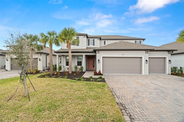 1012 Fernleaf Run, Bradenton, FL 34212 - view of front of property featuring a garage, decorative driveway, stucco siding, a front lawn, and a porch