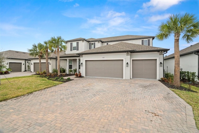1012 Fernleaf Run, Bradenton, FL 34212 - view of front of property with a garage, stucco siding, decorative driveway, a front lawn, and roof with shingles