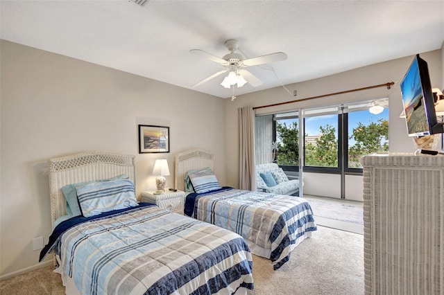 bedroom featuring ceiling fan, light carpet, and access to outside