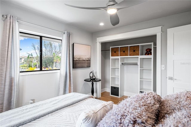 bedroom with wood-type flooring, a closet, and ceiling fan